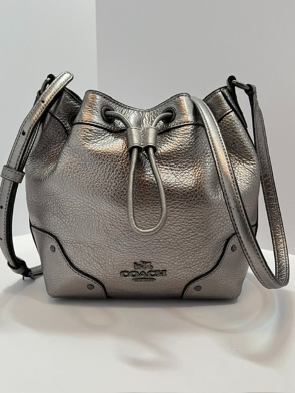 Coach Antique Nickel/Silver Baby Mickie Leather Drawstring Bag F35363 EUC - Picture 1 of 13